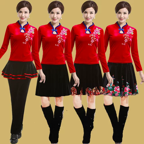 艳王 Осенний демисезонный комплект, бархатный лонгслив, танцующая юбка для пожилых людей, для среднего возраста