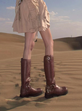 不过膝西部牛仔靴miu真皮复古长筒靴机车骑士靴子胖m大码马丁靴女