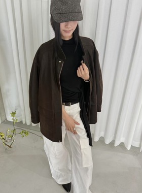 ETHOS做旧复古帅气宽松中长款酷飒西装皮衣2025秋冬新款鹿皮外套