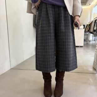 直筒裤 复古格子高腰羊毛呢小个子七分裤 女 经典 欧洲站2025秋冬新款