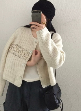 韩国2025早秋新款小香风镂空立体花朵圆领长袖羊毛外套毛衣ETHOS