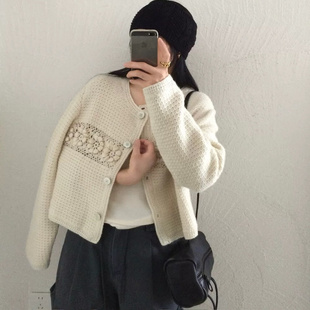 韩国2025早秋新款 羊毛外套毛衣ETHOS 小香风镂空立体花朵圆领长袖