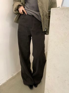 2025冬季女小众质感美拉德咖色加厚磨绒高腰直筒侧口袋休闲裤长裤