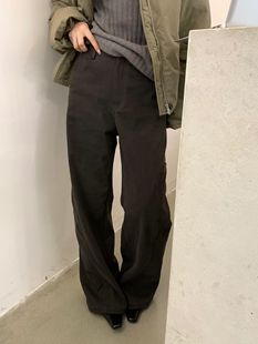 长裤 2025冬季 女小众质感美拉德咖色加厚磨绒高腰直筒侧口袋休闲裤