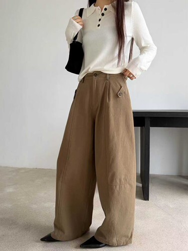 秋冬高腰垂感压褶工装阔腿裤女