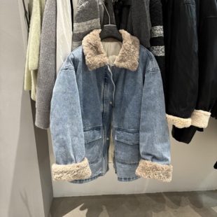 韩国东大门翻毛领撞色设计感工装极简风牛仔中长款保暖羽绒服外套