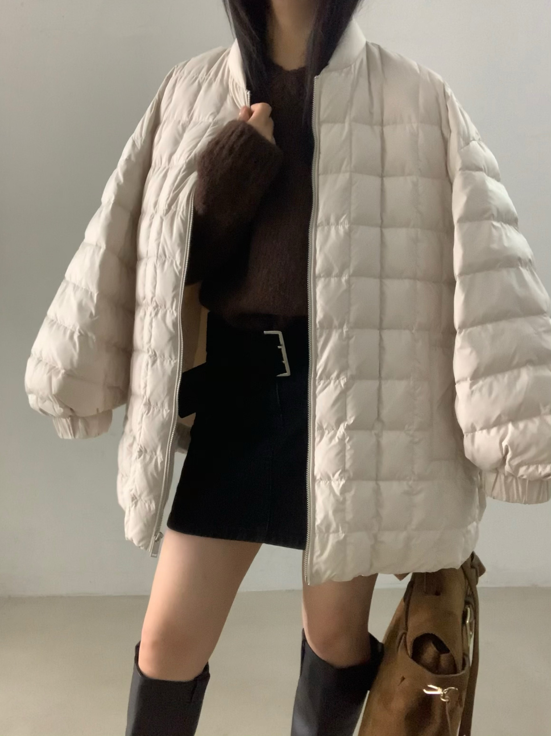 欧洲站韩代设计感时髦方格廊形90白鸭绒羽绒服女宽松休闲保暖外套