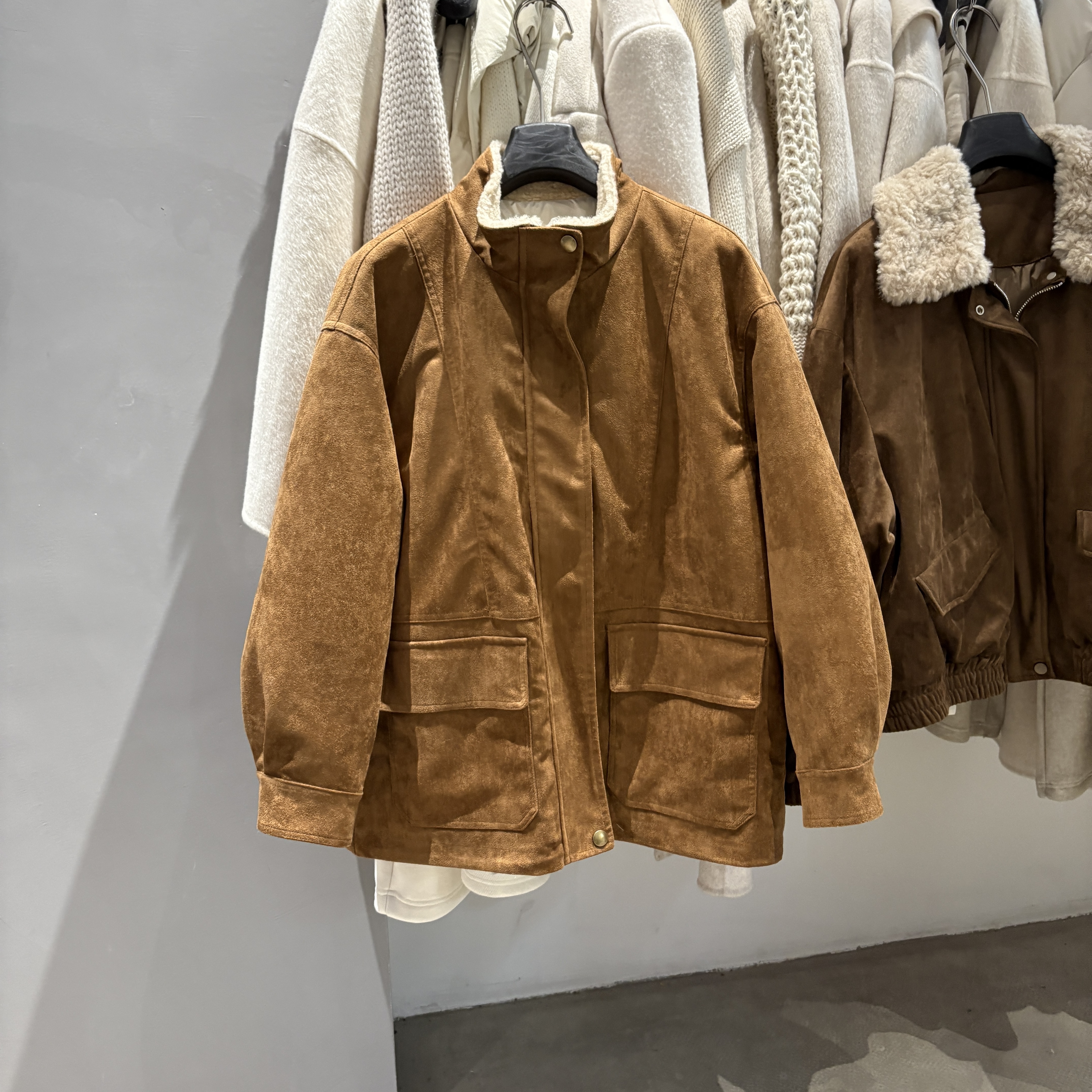 麂皮绒外套女立领毛绒领宽松工装