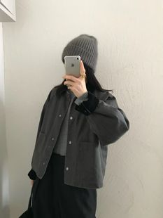 复古拼接灯芯绒翻领羽绒外套女休闲宽松短款 ETHOS 超好看羽绒冬季