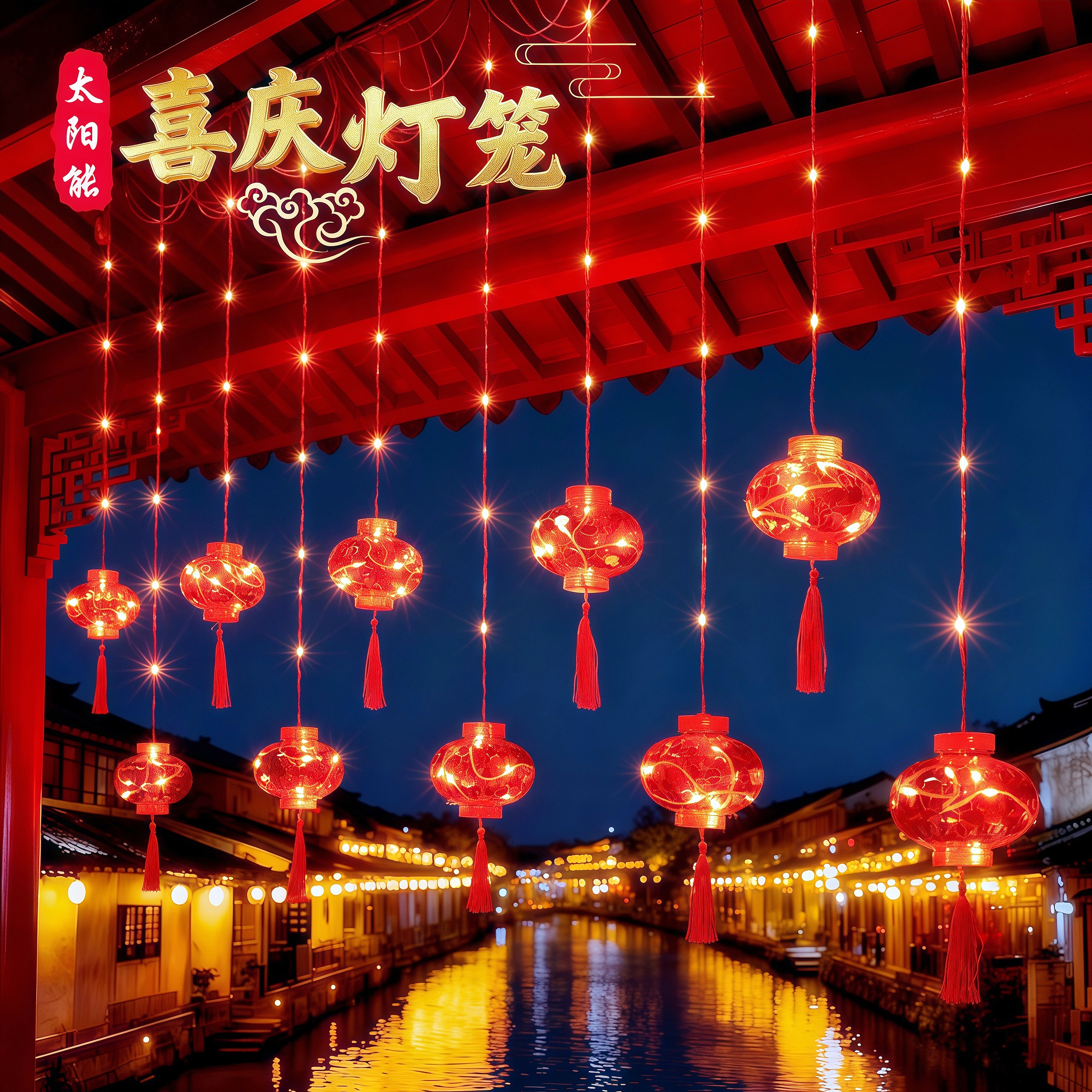 太阳能LED春节红灯笼串防水庭院