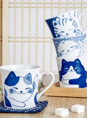 日本进口美浓烧马克杯招财猫咪陶瓷家用咖啡水杯办公室卡通茶杯子