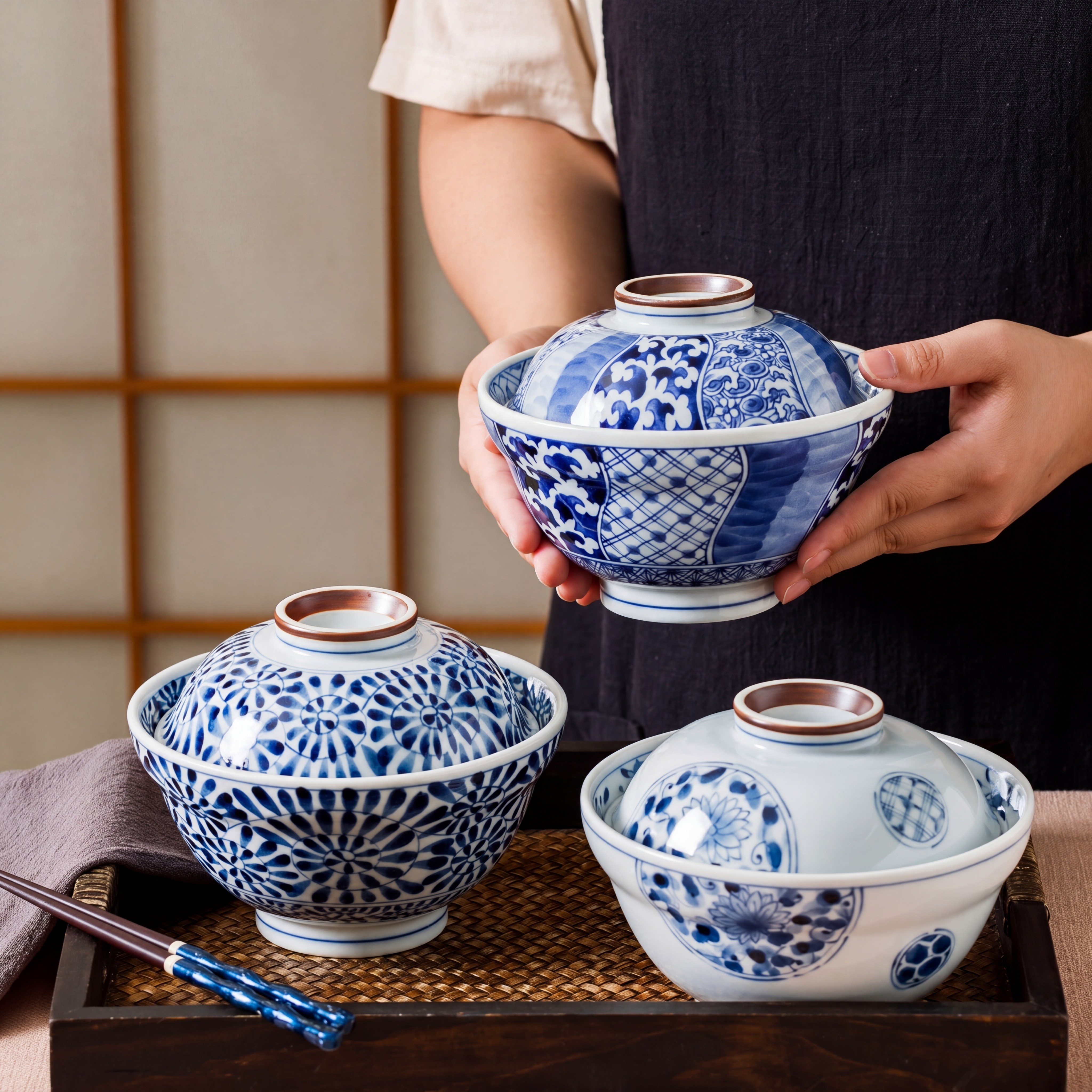 日本进口蓝凛堂盖碗日式青花蒸菜米饭碗家用陶瓷带盖蒸碗面碗汤碗