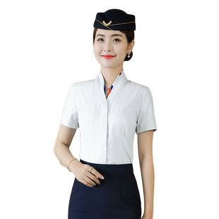2025春夏职业空乘衬衫女士修身气质空姐面试V领短袖衬衣白色上衣
