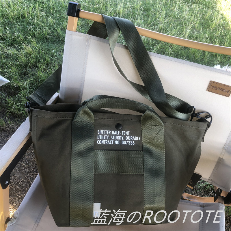 潮牌ROOTOTE日本男女春夏军绿色帆布手提斜跨旅游休闲托特包