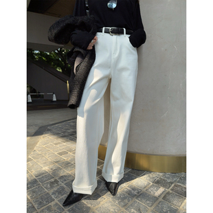 UMI极简风白色牛仔裤女高腰弹力显瘦直筒长裤阔腿裤子百搭2025秋