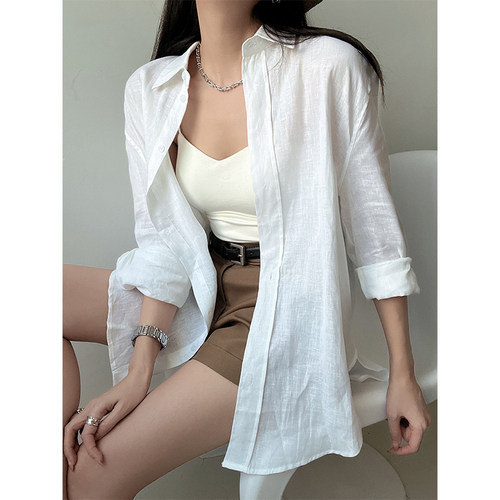 亚麻白衬衫女长袖简约法式休闲