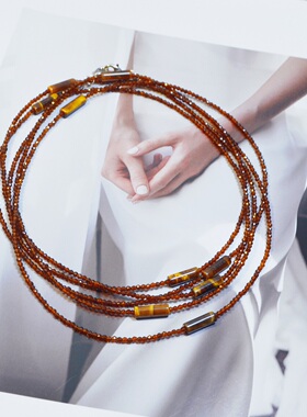 轻奢小众设计款超长款项链多层美拉德虎眼石颈链毛衣链时尚饰品