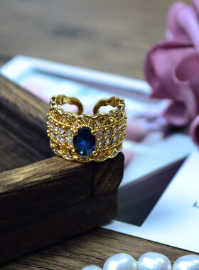 金色奢华女款装饰戒指优雅可调节大小开口戒高档蓝色镶钻指环礼物