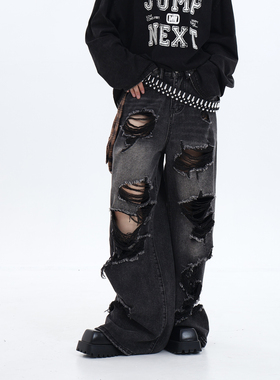 JUMPNEXT国潮美式街头破坏刮烂破洞复古老爹裤阔腿直筒牛仔裤情侣