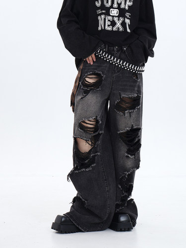 JUMPNEXT破坏刮烂破洞牛仔长裤