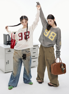 JUMPNEXT美式镂空针织上衣春季数字提花宽松球衣慵懒感长袖