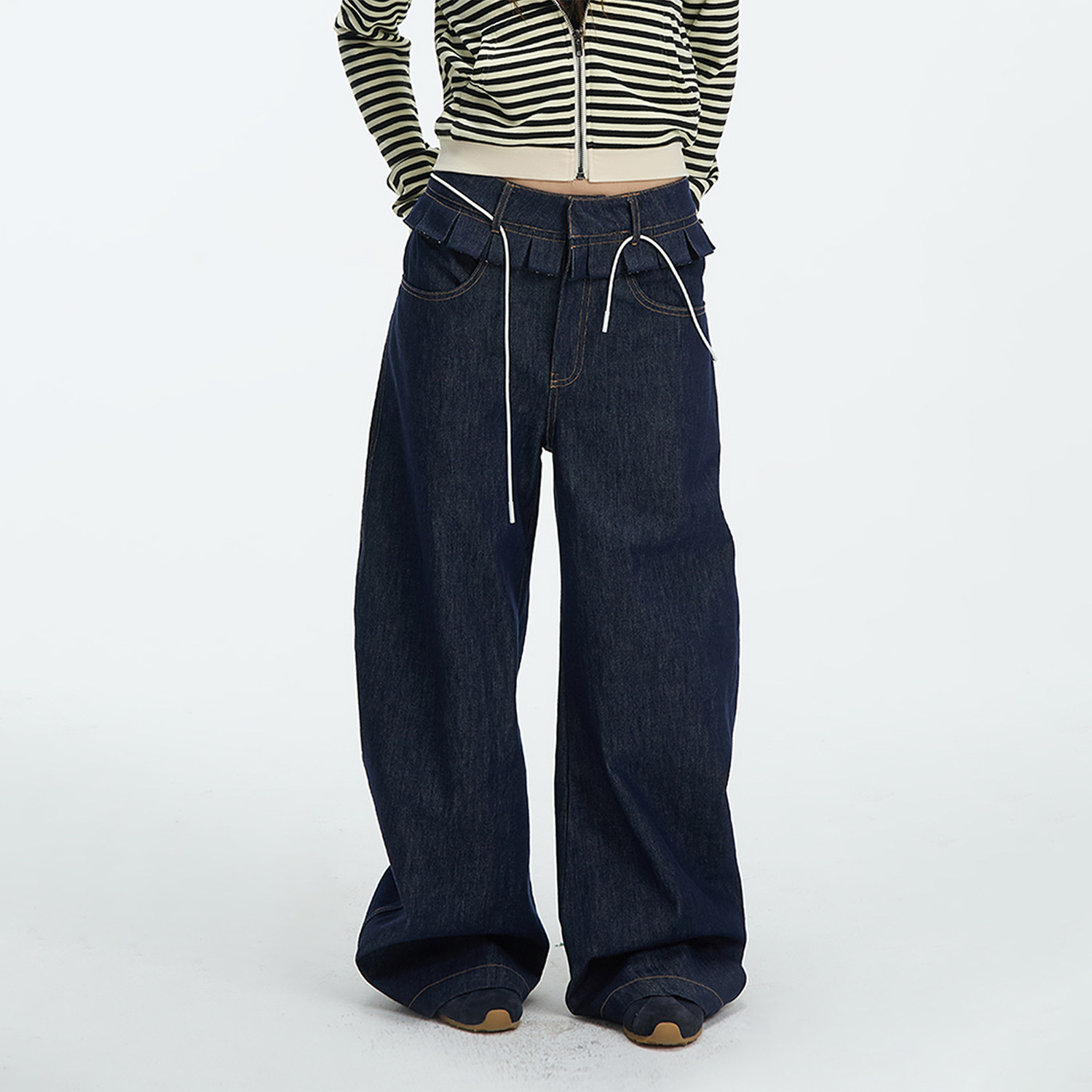 JUMPNEXT美式水洗弯刀牛仔裤春季设计感木耳边双腰头直筒阔腿裤