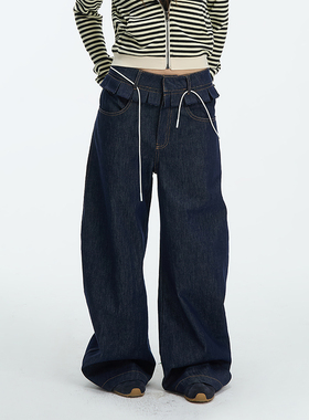 JUMPNEXT美式水洗弯刀牛仔裤春季设计感木耳边双腰头直筒阔腿裤