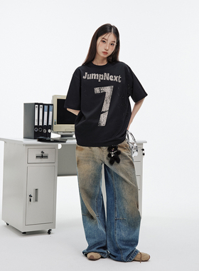 JUMPNEXT小众ins字母数字印花复古短袖T恤春季圆领宽松重磅上衣