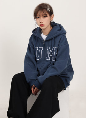 JUMP NEXT 国潮秋季情侣嘻哈三色大LOGO拉链开衫宽松休闲连帽卫衣