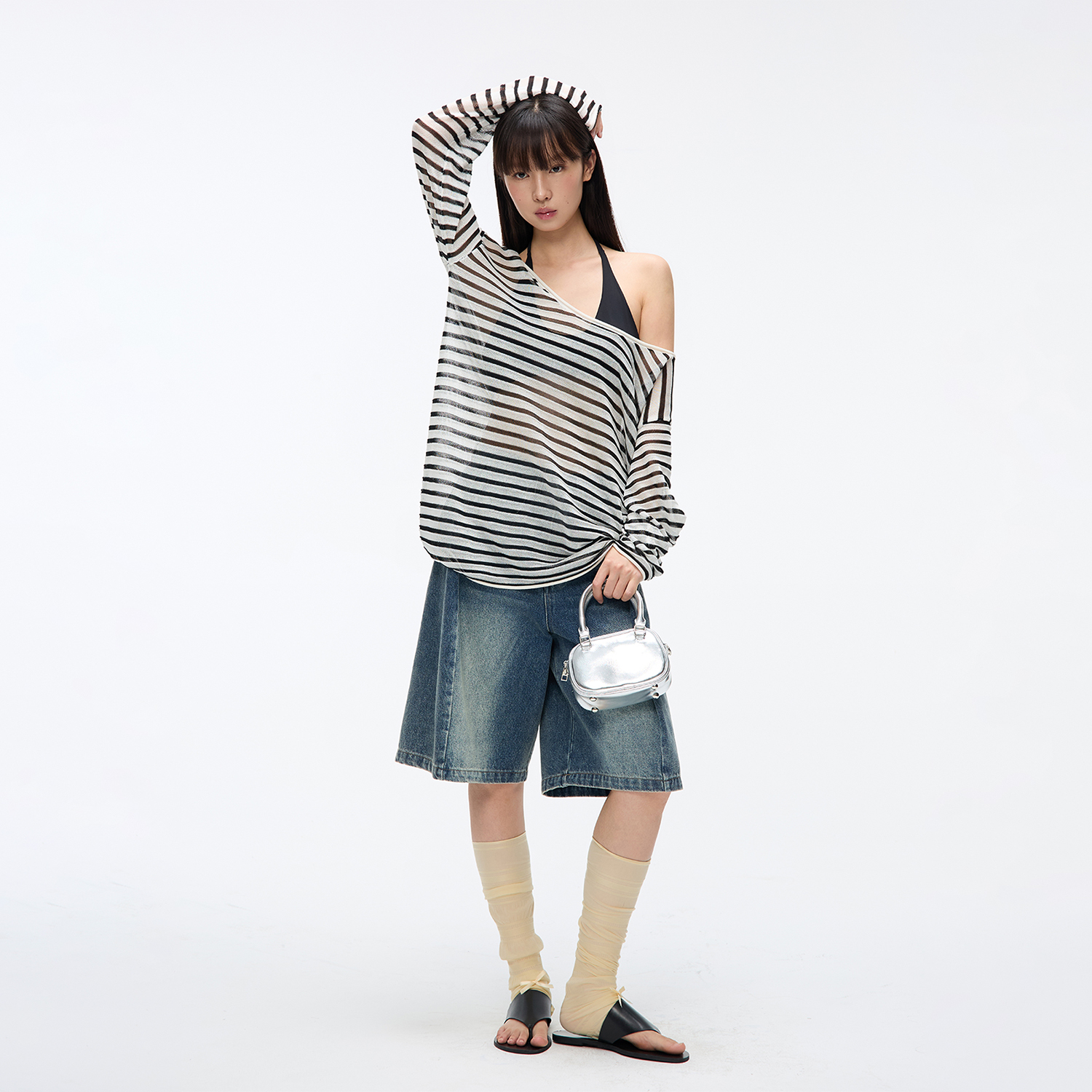 JUMPNEXT复古宽松黑白条纹防晒针织罩衫夏季新款oversize显瘦上衣