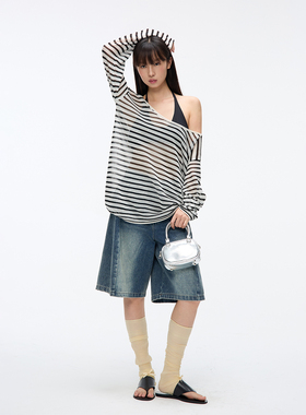 JUMPNEXT复古宽松黑白条纹防晒针织罩衫夏季新款oversize显瘦上衣