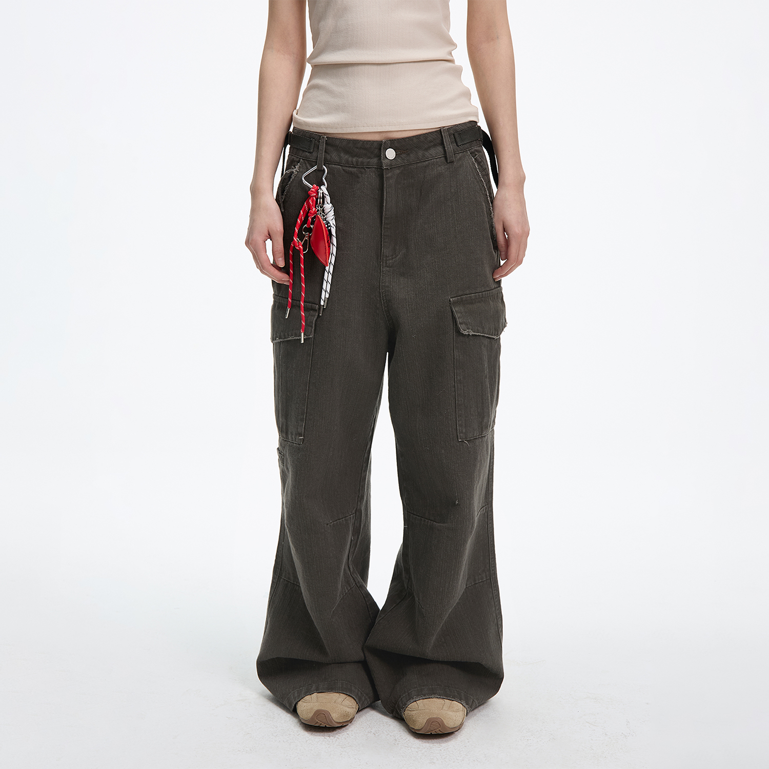 JUMPNEXT春季新款美式复古竹节棉休闲裤子纯色织带宽松工装长裤女