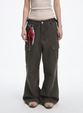 JUMPNEXT春季新款美式复古竹节棉休闲裤子纯色织带宽松工装长裤女