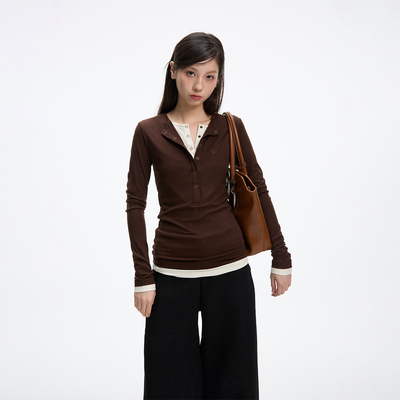 JUMPNEXT亨利正肩打底衫修身长袖显瘦撞色假两件春款上衣内搭