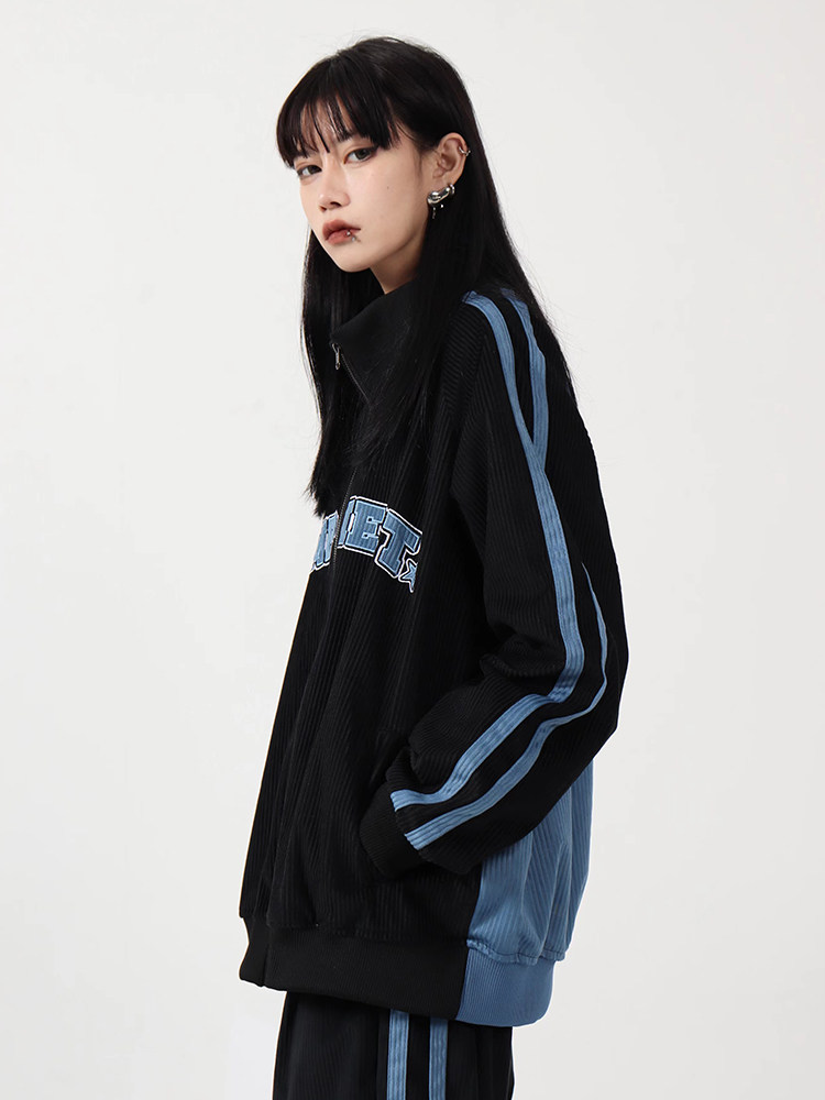 JUMP NEXT 내셔널 트렌디 브랜드 커플 힙합 스트리트 라운드 넥 루즈한 앞면과 뒷면 스플라이싱 핏 가디건 재킷 슈트