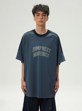 JUMPNEXT 国潮牌撞色杠条短袖印花运动短袖夏季美式宽松T恤男女