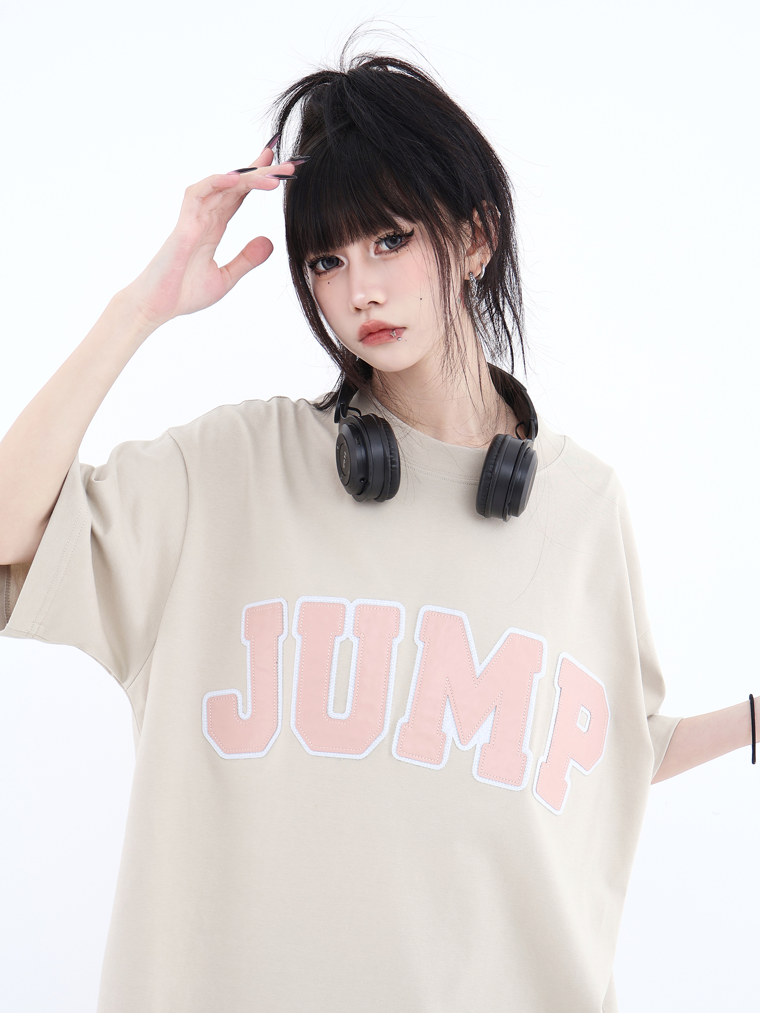 JUMPNEXT 国潮牌美式复古皮标贴布绣字母男女情侣夏季宽松T