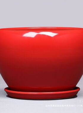 【中国红】陶瓷花盆带托盘特大-大-中号喜庆家用室内阳台绿植花盆