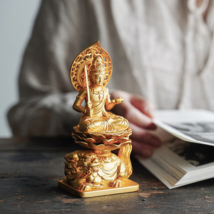 妙吉祥 日本进口镀金文殊菩萨 生肖兔年守护本尊华严三圣佛像摆件