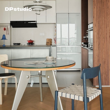 包豪斯不锈钢圆形饭桌北欧现代家用小户型实木门饭桌中古拼色圆桌