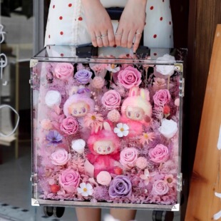 亚克力手提花盒带锁拉杆式行李箱永生花玩偶公仔收纳盒礼品箱定制