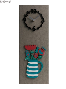 韩国进口dawon deco手绘3D蓝色花瓶挂钟 家用室内装饰挂钟 高40cm