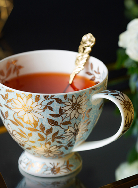 英国丹侬Dunoon高级骨瓷杯子高端马克杯水杯陶瓷杯轻奢金光菊蓝色