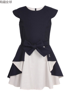 英国JESSIE AND JAMES蝴蝶结纯棉长裙女童短袖连衣裙子4-9岁蓝色