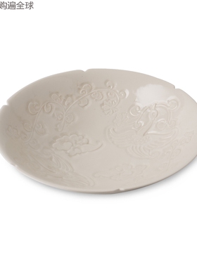 日本进口kaizan快山窑手工美浓烧白瓷陶瓷深高盘子餐具飞鸟25.5cm