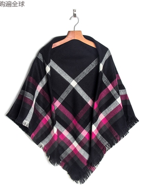 韩国JUNGHWA格子披风夏季空调房披肩秋冬方形女围巾两用1.3米黑色