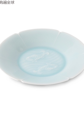 日本kaizan快山窑手工美浓烧餐具日式青白瓷陶瓷盘子碟子双鱼19cm
