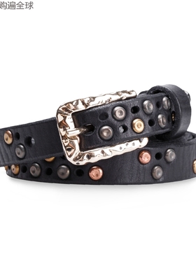 意大利Martinica手工头层牛皮真皮三色金属铆钉水钻女式皮带 黑色
