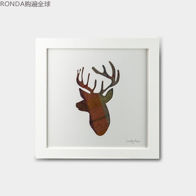 英国方格鹿头木质装饰挂画