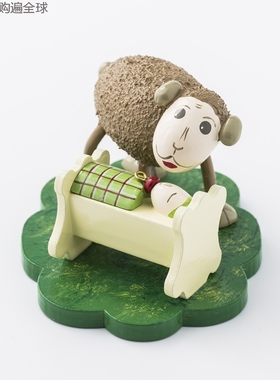 德国进口Kunstgewerbe Uhlig手工木偶家居小摆件带宝宝的绵羊爸爸